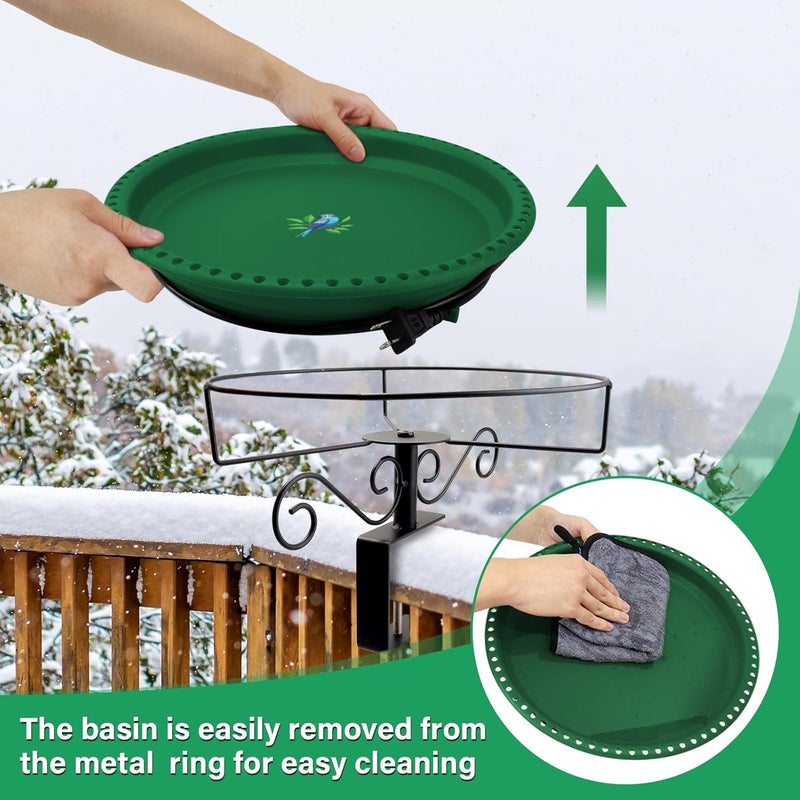 Lovppy Heated Bird Bath for Deck Railing, 100W Thermostatically Controlled Heated Bird Baths for Outdoors Bird Bath Heater, Heated Birdbath for Outside Winter Garden Patio Yard(Green) - Image 4